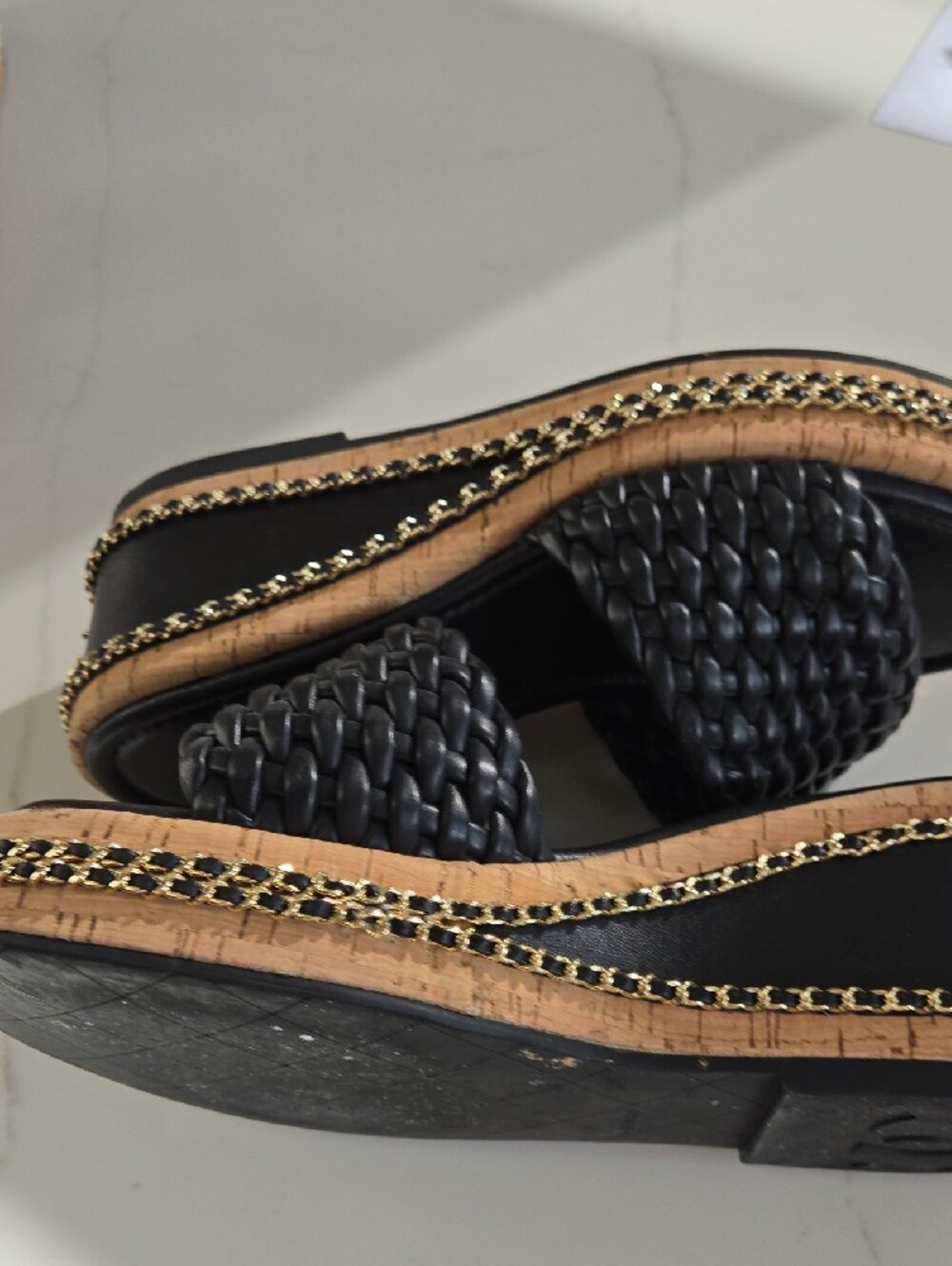 CHANEL Black Braided Leather Slide Mules with Gold Chain Trim - Picture 4 of 9